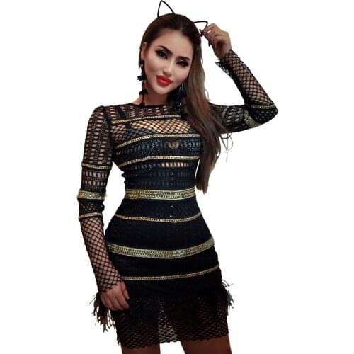 S Curve Woven Cut Out Feather Bodycon Dress Vestido Long Sleeves See Through Mini Metal Chain Embellished Party Dress