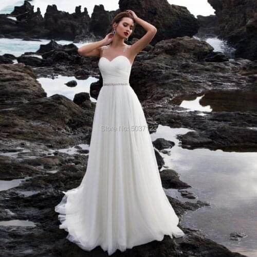 Jewel Neck Bridal Beach Wedding Dress 2021 Sheer Backless Beading Tulle Floor Length Boho Wedding Dresses Vestidos de Noiva