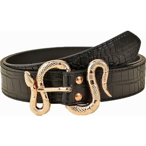 Metal S Snake-Shaped Buckle Womens Fashion Belt PU Imitation Crocodile Leather Cummerbunds All-Match Trend Jeans Waistband