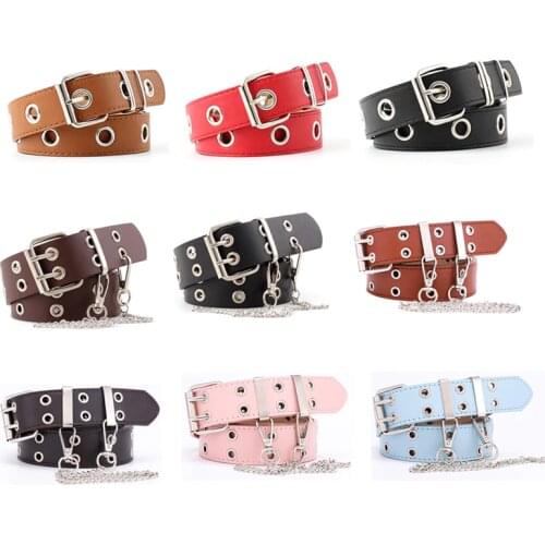 Women Punk Chain Leather Belt Adjustable Double/Single Row Hole Pin Buckle Waist Belts Jeans Cinturones Decorative Belt