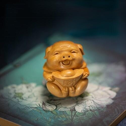 Boxwood 5cm Pig Sculpture Piggy with Gold Ingot Wood Animal Lucky Statue Blessing Home Decor