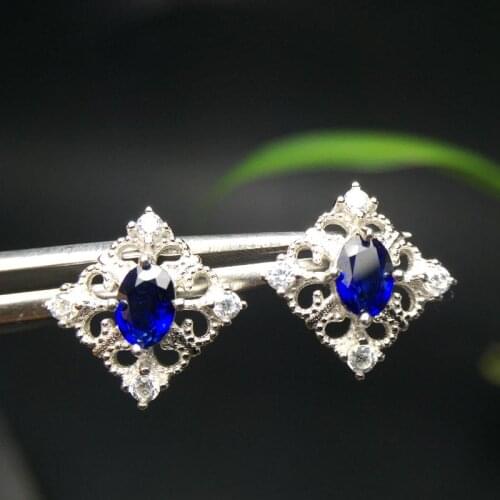 Almei Natural Sapphire Square Earrings for Women, 925 Sterling Silver, 4*6mm*2 Pcs Gemstone Wedding Engagement Jewelry FR118