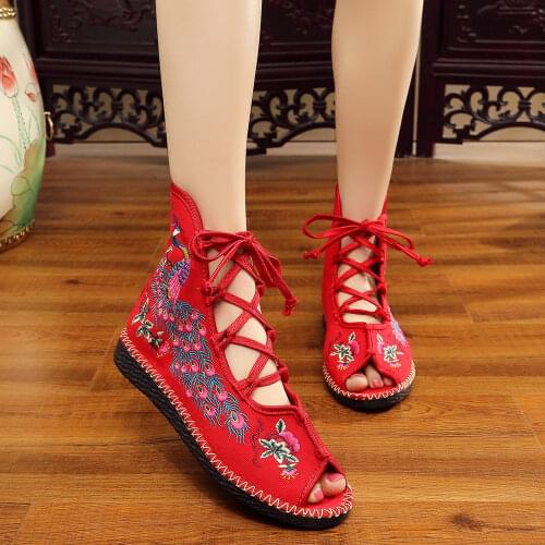 YourSeason Peacock Embroidered Ladies Peep Toe Gladiator Canvas Shoes Chinese Handmade Women Summer Fabric Flat Sandals Lace Up