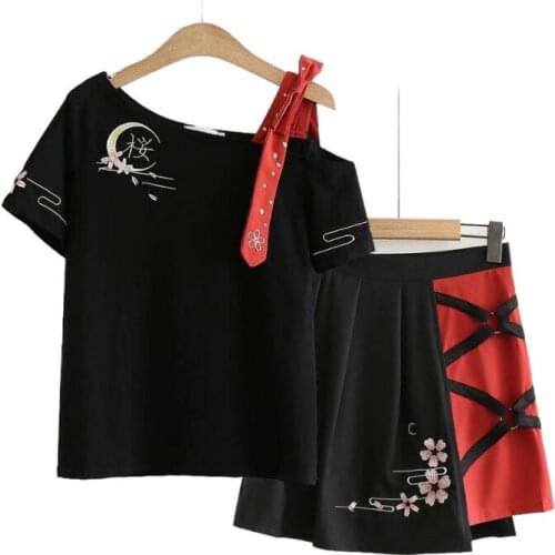 2 Pcs Set Womens Outfit Summer Japanese Style Embroidery Off Shoulder Halter Black T-shirt + Pleated Mini Skirt Set Girls Suits