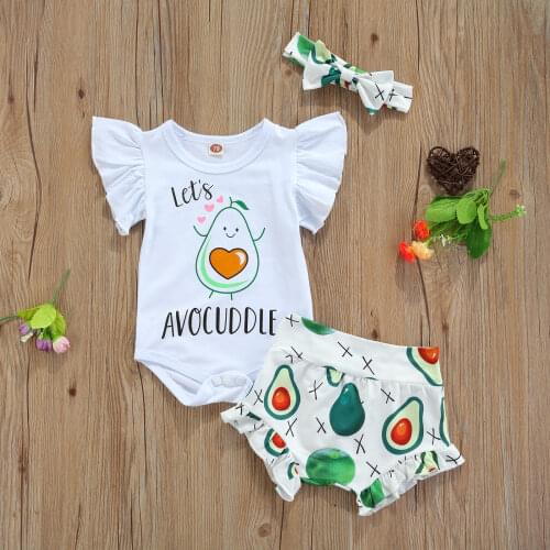 2021 Summer Baby Avocado Print Clothes Set, Girls Flying Sleeve O-neck Romper + Short Pants + Bow-knot Headband