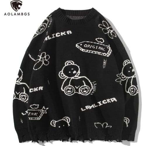 Aolamegs Mens Harajuku Sweater Cartoon Pattern Warm Pullover Couple O-Neck Casual Sweater Autumn Winter Fashion Loose Knittwear