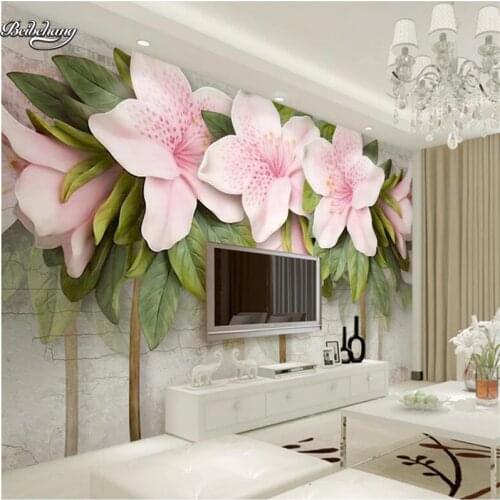 Beibehang 3d Stereo Relief Pink Flower Leaf Brick Wall TV Background Wall Customized Large Mural Nonwoven Fabrics Wallpaper