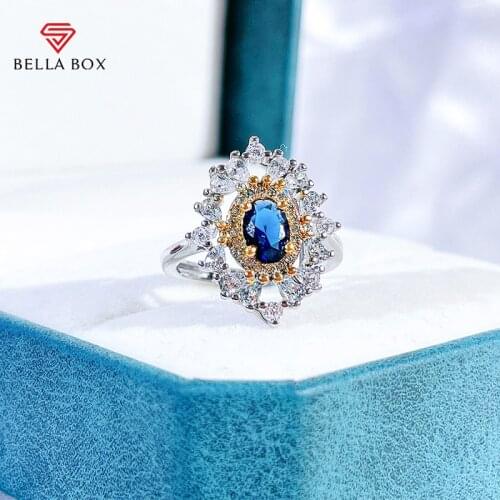 BELLA BOX Luxury Sapphire Women Ring Open Size 925 Sterling Silver Fine Jewelry Engagement Anniversary Engagement Wedding Gift