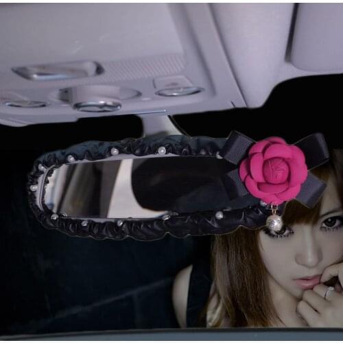 Pearl Camellia Flower Car Interior Rearview Mirror Cover PU Leather Auto Rear View Decoration Accessories For Women and Girls