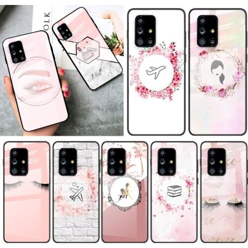 Tempered Glass Cover Pink Eyelash Print For Samsung Galaxy A91 A81 A72 A71 A52 A51 A41 A31 A21S A11 A01 Phone Case