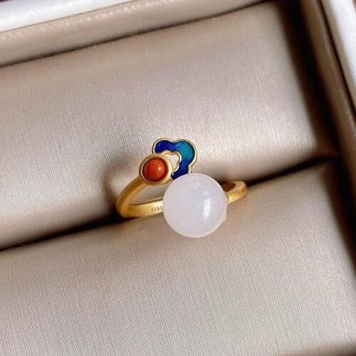 Designers unique creative Hetian jade earrings necklace ring three-piece elegant charm creative retro silver jeweler