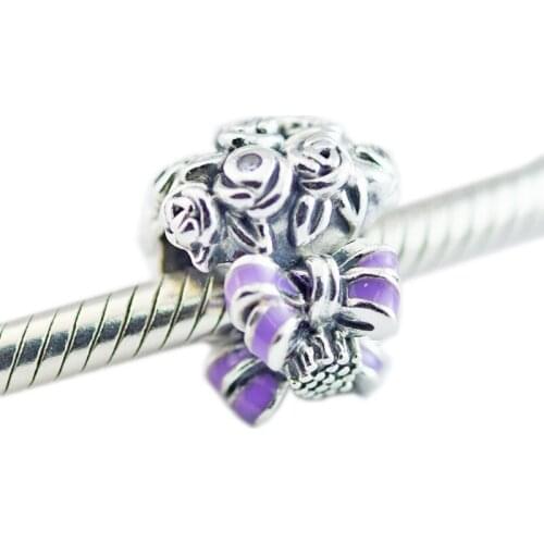 Purple Enamel Celebration Bouquet Crystal Beads Fit Charm Bracelet Femme DIY Kralen 925 Sterling Silver Beads for Jewelry Making