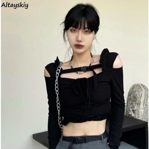 Harajuku Women T-shirts Korean Style Spring Trendy Sexy Crop Solid Black Off Shoulder Folds Street Casual Party Female Teens Top