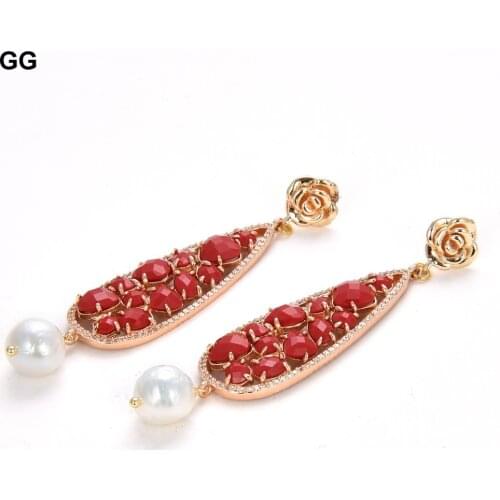 GG Jewelry Natural Cultured White Keshi Pearl Bezel Set Red Cats Eye Flower Stud Earrings For Women