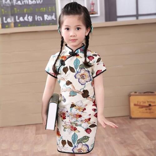 2020 baby girl Chinese dress Qipao clothes summer style children cotton short sleeve Traditional dresses fo kids New Year Party