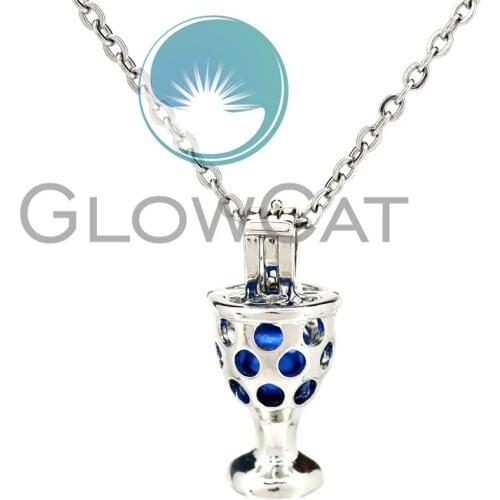 KK958 Wine Glasses Beads Cage Locket Pendant Perfume Diffuser Pearl Cage Necklace