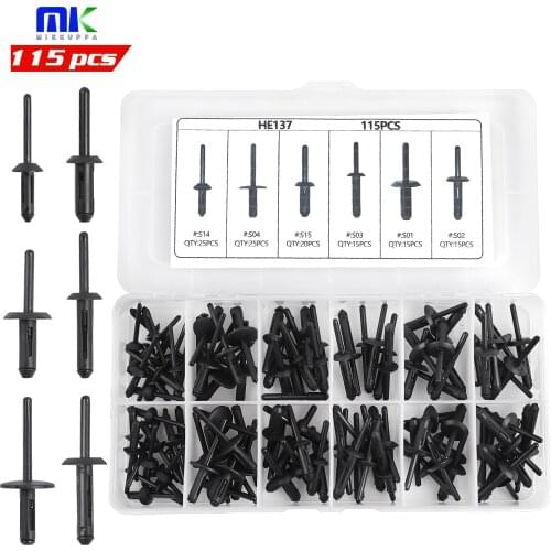 MIKKUPPA 115PCS Automotive Universal Nylon Pop Rivet Assortment 6 Most Popular Sizes Car Black Rivet Kit for GM Ford Chrysler VW