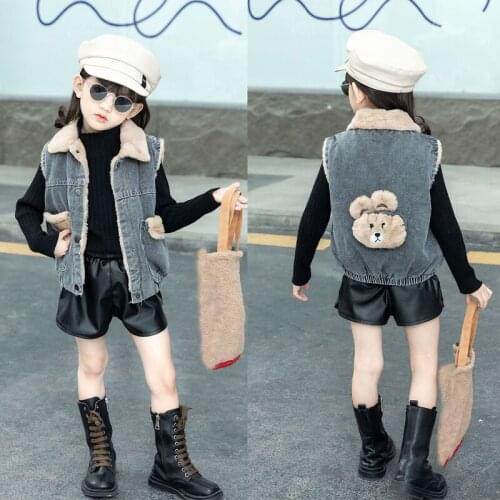VOGUEON 2021 Autumn Winter Cashmere Vest Coat Girls Thicken Warm Cute Baby Girl Denim Vest Jackets Bear Clothing for Kids 1-6Y