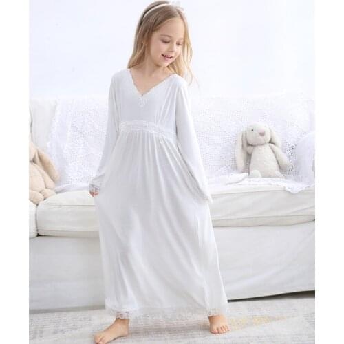 Student Long-sleeved Pajamas Spring Girls Wear Vintage Ladies Girl Soft Puff Sleeve Nightgowns Nightdress Kids Lace Sleepshirts