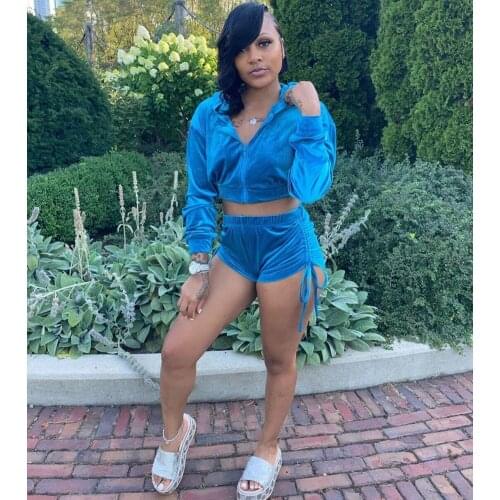 Pink Velvet Sexy Sporty 2 Piece Sets Womens Outfits Casual Tracksuit Long Sleeve Hoodies Crop Tops and Shorts