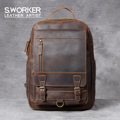 S.WORKER Vintage Genuine Leather Backpack Laptop Bag Crazy-horse Leather School Bag Outdoor Travel Weekender Shoulder Bag