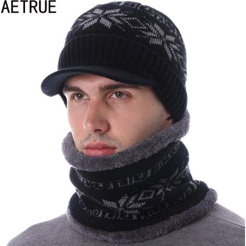 AETRUE Skullies Beanies Men Knitted Hat Scarf Winter Hats For Women Male Caps Gorras Bonnet Mask Warm Sport Cheap Beanie Hats