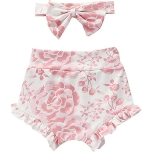 0-18M Baby Girls Flower Leopard Shorts Cotton Infant Kids Ruffles Shorts+Headband Summer Clothing