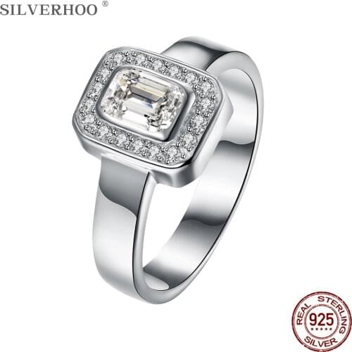 SILVERHOO Simple Rings For Women Sterling Silver 925 Jewelry Geometry Square Cubic Zirconia Ring Anniversary Gift To Girlfriend