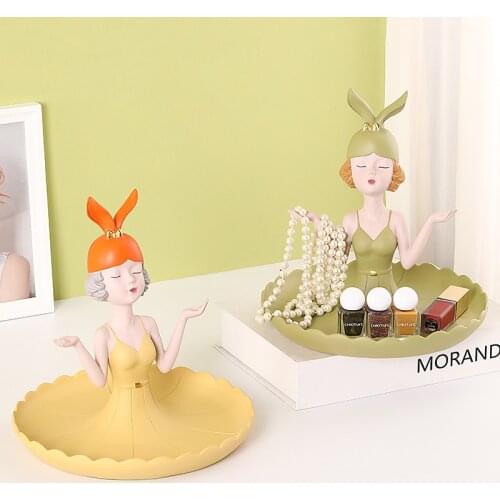 Nordic Resin Rabbit Girl Sculpture Ornaments LivingRoom Desktop Multipurpose Cosmetics Storage Plate Home Decoration Accessories