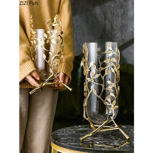 Glass Metal Vase Golden Hollow Out Leaves Branch Handmade Transparent Flower Arrangement Modern Home Decoration Flower Vase
