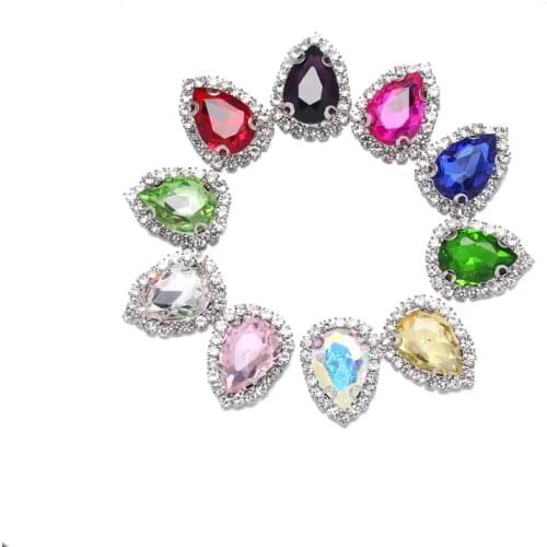 Mix Color Water Drop Border Chain Crystal Glass Sew-on Rhinestones with Silver/gold Claw DIY Wedding Dresses and Clothes