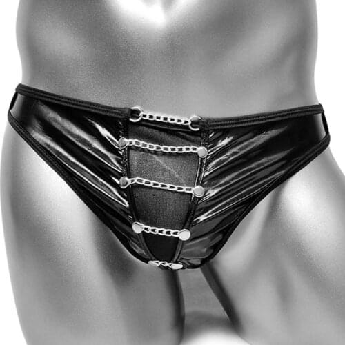 Mens Faux Leather G-strings Underwear Underpants With Chain T-Back Thong Sexy Gay Lingerie String Homme Male Panties Penis Pouch
