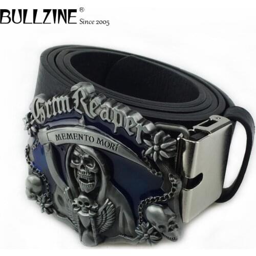 The Bullzine memento mori skull belt buckle blue enamel pewter finish with PU belt with connect clasp FP-02388-1 drop shipping