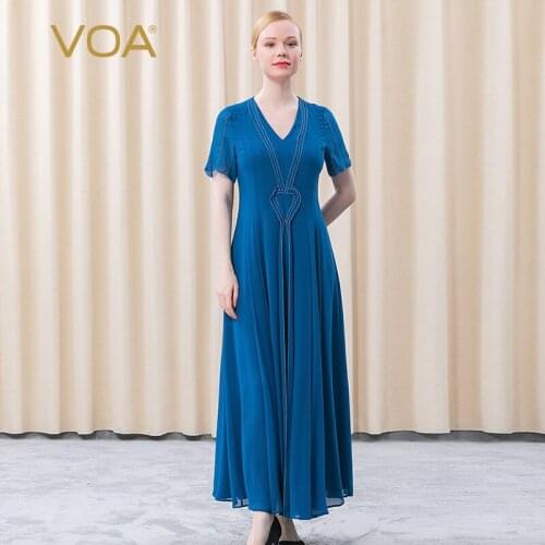 VOA Silk Qingluan Georgette V-neck Short Sleeve Pair Silk Open Thread Arch Needle Edge Three-dimensional Elegant Dress AE706