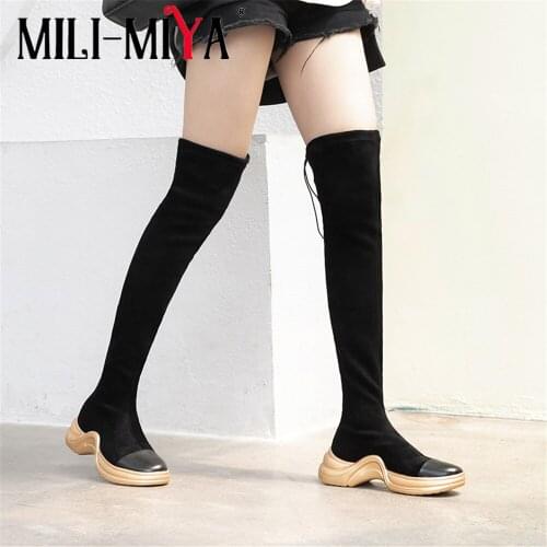 MILI-MIYA Classic Brand Design Cow Leather Women Over The Knee Boots Stretch Flock Shaft Slip-On Platform Heels Size 34-41