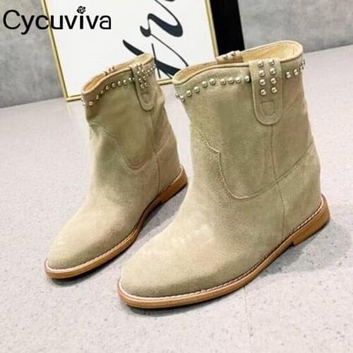 New Studded Ankle Chelsea Women For Boots Hidden Heel Suede Short Boots Real Leather increased Height Shoes Autumn Botas Mujer