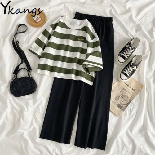 Striped Summer Chic Korean Fashion Y2k Crop Tops Women Sets Elastic High Waist Wide Leg Streetwear Basic Trousers Joggers Female