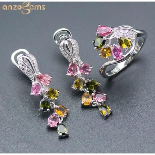 Anzogems natural color tourmaline flower jewelry sets 925 sterling silver rose earrings ring gemstone jewelry for womens summer