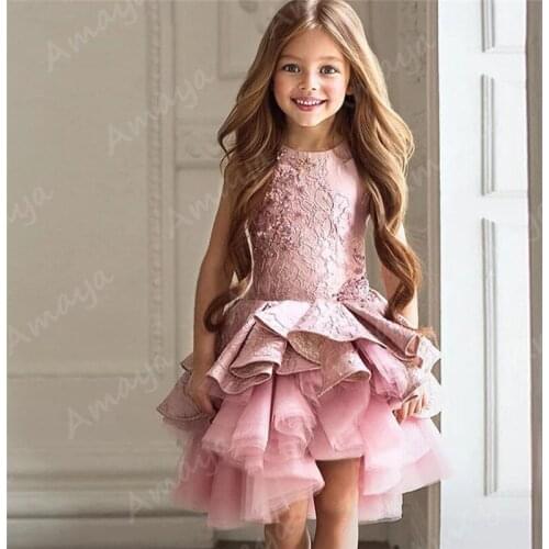 Amaya High low Ruffles Skirt Flower Girl Dresses Top Lace Appliques Girl Pageant Dress Lace Applique Knee Length Bride Dress