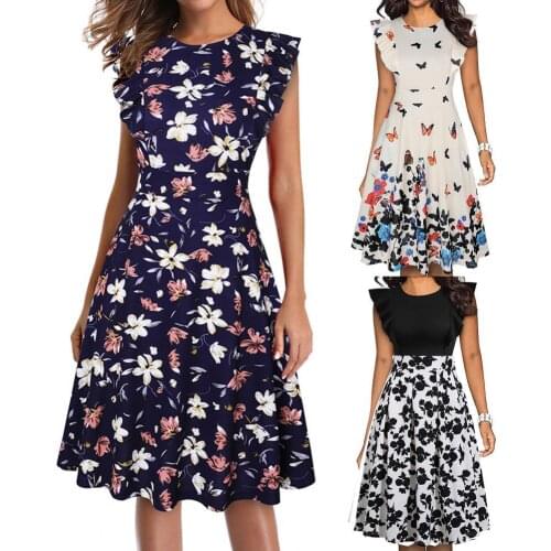 Stylish Floral Print Flowy Hem Tunic Dress Women Flared Sleeve O Neck A-Line Midi Dress for Dating Streetwear