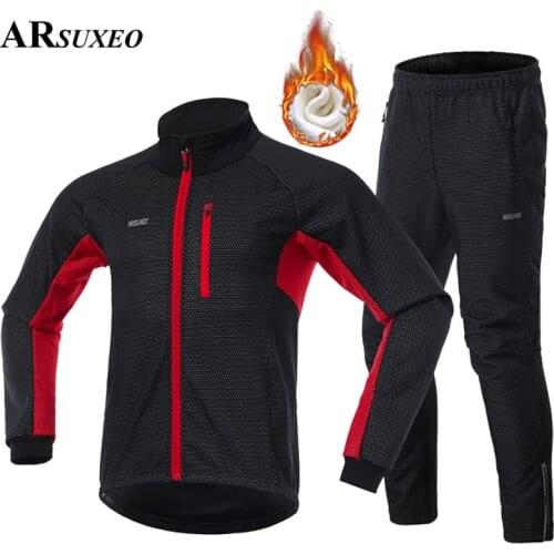 ARSUXEO Winter Warm Up Thermal Fleece Cycling Jacket Bicycle MTB Road Bike Clothing Windproof Waterproof Long Sleeve Clothes Set