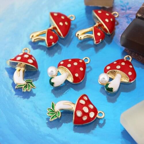 10 Gold-tone Mushroom Charm with Red Enamel Mushroom Faux Pearl Pendant Vegetable Jewelry Supply Red Mushroom in Bulk Charm M666