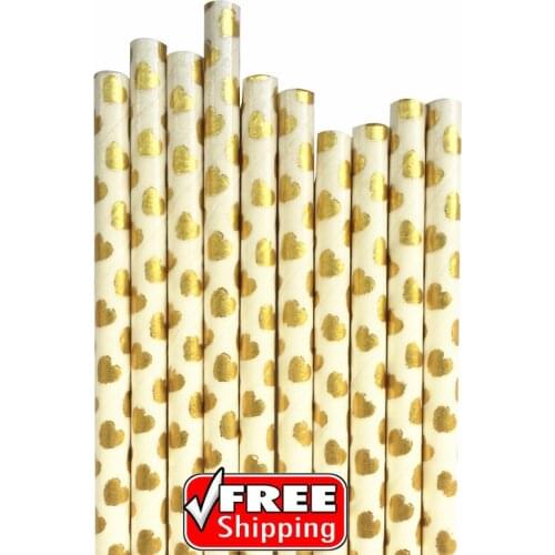 200pcs Metallic Gold Foil Heart Paper Straws-Vintage Valentines Day Wedding Bridal Shower Party Drinking Straws Mason Jar Bulk