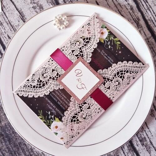 50pc Light Pink Lace Wedding Invitation with Ribbon and Pink Gold Glitter Tag Laser Cut Personalized Print Floral Greeting Cards