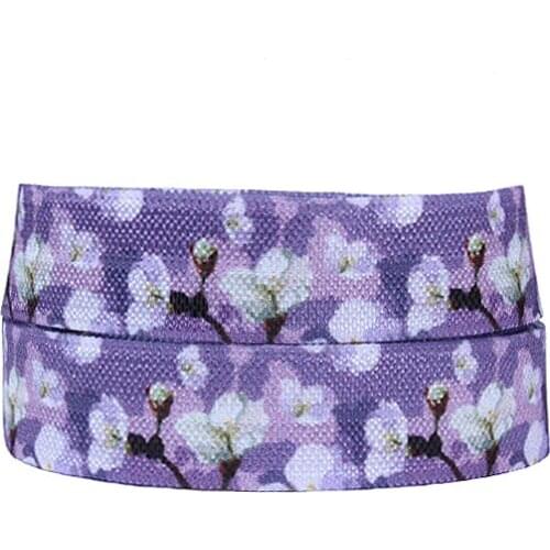 50 yards/lot) Flora Ribbons white sakura flower printed fold over elastic for DIY handmade hairbands