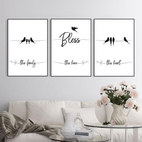 Bless Family Quotes Canvas Painting Black White Wall Art Posters and Prints Small Birds Picture Room Home Decor HD3116
