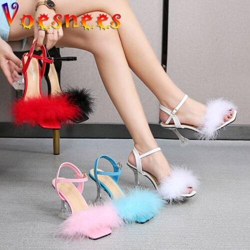 9CM Crystal Heels Sandals 2021 Summer New Fur Club Sexy Interest Female Shoes Fashion Square End Model Catwalk Show High Heels