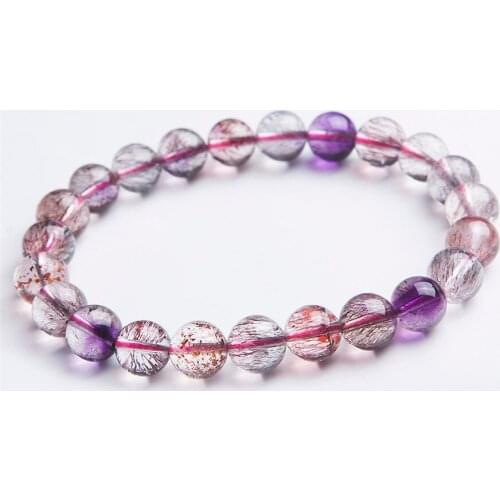 9mm Bracelet Genuine Natural Gems Super Seven 7 Melody Stone Purple Hair Rutilated Quartz Crystal Stretch Round Bead Bracelet