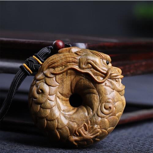Guaiacum Wood 6cm Rich Dragon Circle Sculpture Feng Shui Wood Carving God Beast Pendant Statue Lucky Animal Home Decor