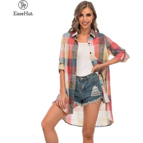 Women Plaid Long Roll-Up Sleeves Pockets Button Down Turn-down Collar Loose Casual Blouse Tops Plus Size Femme Tops Blusas